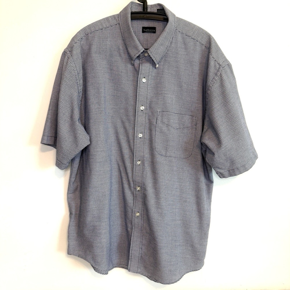 Van Heusen Short Sleeve‎ Gingham Check Button Shirt XL Wrinkle-Free Stain Shield